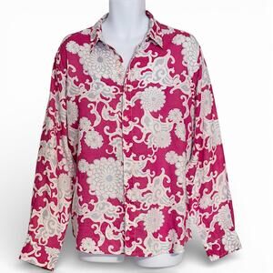 Men's Linen Shirt XL Fuchsia Pink Floral Button Up Lightweight Resort Summer